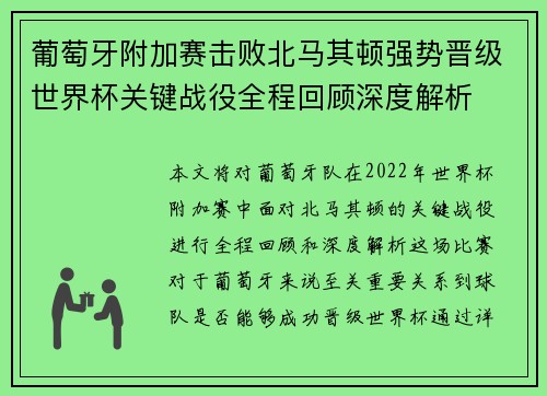葡萄牙附加赛击败北马其顿强势晋级世界杯关键战役全程回顾深度解析 葡萄牙附加赛击败北马其顿强势晋级世界杯关键战役全程回顾深度解析